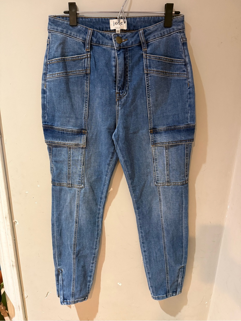 Joie Denim Cargo Utility Tapered Ankle Jeans Multiple Pockets in Blue Wash